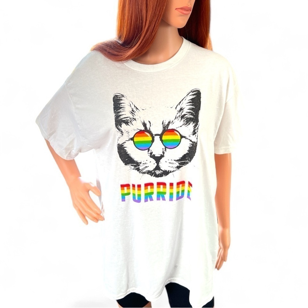 Brisco Brands 100% White Cotten Purride Gay Pride Cat T-Shirt Size Large